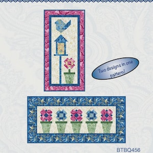 May include: A quilt pattern titled "Flowerpot Fun" featuring two designs. One design shows a birdhouse and flower, the other shows five flowerpots with flowers. The pattern is by Bound to Be Quilting.