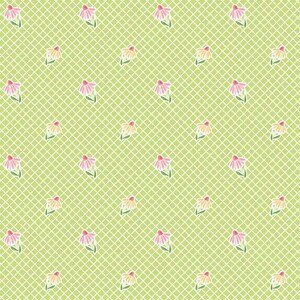 May include: A repeating pattern of pink and yellow flowers with green stems on a light green background with a white grid overlay. The flowers are evenly spaced across the surface.