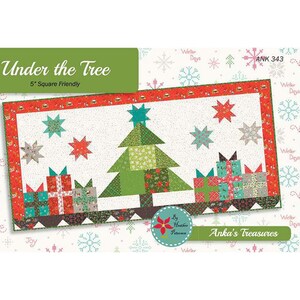 May include: A quilt pattern for a Christmas quilt titled "Under the Tree" with a green Christmas tree, red and green presents, and a white background with snowflakes. The pattern is 5 inches square friendly.