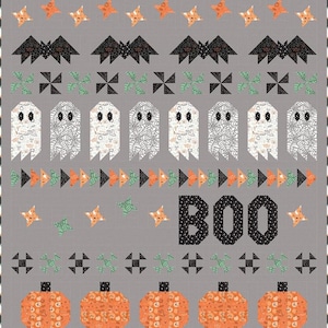 May include: A Halloween-themed quilt with a gray background. The quilt features bats, ghosts, pumpkins, and the word "BOO" in black block letters. Orange and green accents are used throughout the design.