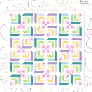 May include: A quilt pattern titled "Sweet & Spiffy" with a finished size of 72.5" x 72.5". The quilt design features a repeating geometric pattern in pastel colors including pink, green, yellow, and purple. The background is white with decorative stitching.