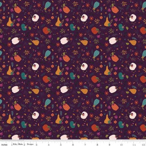 May include: A seamless fabric pattern featuring a repeating design of gourds, leaves, and flowers in shades of orange, red, green, white, and blue on a dark purple background.