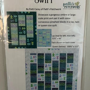 May include: Quilt pattern instructions for a "Swirl" quilt by Patti Carey of Patti's Patchwork. The pattern includes instructions for a lap quilt measuring 52 1/2 inches by 66 inches, a twin quilt, and a queen quilt measuring 100 1/2 inches by 112 inches.