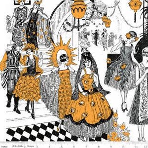 May include: A black and white illustration of a vintage party scene with people in elaborate costumes. The image features figures in flapper dresses and formal attire, with accents of orange and yellow. A checkered floor and a staircase are also visible.