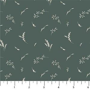 May include: Dark teal fabric with a repeating pattern of white botanical illustrations. The design includes sprigs, leaves, and seed heads. The ruler at the bottom shows measurements in inches.