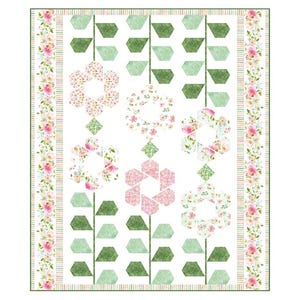 May include: A white quilt with a floral pattern. The quilt features a repeating pattern of green leaves and pink and white flowers. The quilt is bordered with a pink and white floral pattern.