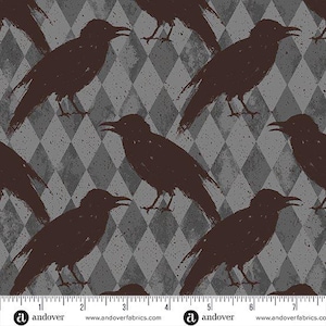 May include: A fabric print featuring a repeating pattern of dark brown crows silhouetted against a gray diamond argyle background with a distressed texture. A white ruler is visible at the bottom with the text and logo for andover fabrics.