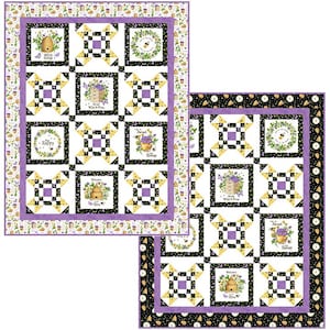 May include: Two quilt patterns featuring a bee theme. The first pattern is a purple and yellow quilt with a black and white checkerboard pattern. The second pattern is a black and white quilt with a purple and yellow checkerboard pattern. Both quilts feature bee-themed fabric squares with sayings like "Wild Honey" and "Sweet as Honey".