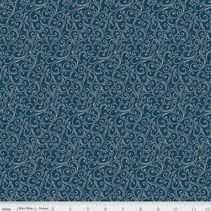 May include: A fabric with a repeating pattern of white, swirling lines on a dark teal background. The design is dense and covers the entire surface, creating a textured appearance. The fabric is measured in inches.