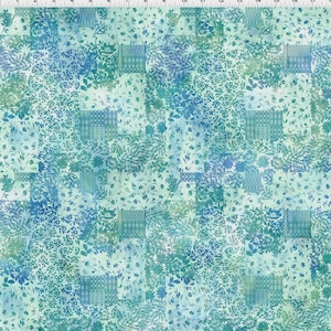 May include: A patchwork fabric design featuring squares of varying patterns and textures. The color palette includes shades of teal, blue, and white, with floral and geometric motifs. The fabric appears to be cotton or a similar material.