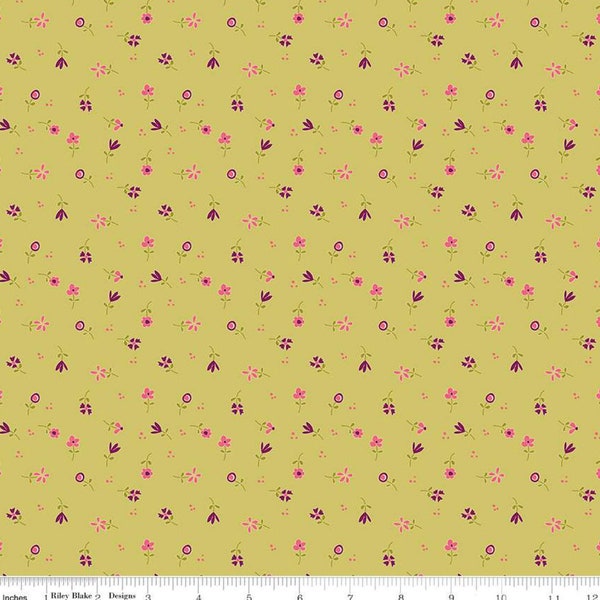 Adel In Summer Flower Toss Pear C13396- Riley Blake Designs- Flower Stems- Tiny Dots-Quilting Cotton Fabric