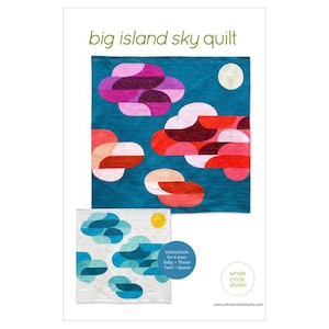 May include: A poster for the "big island sky quilt" features a teal quilt design with abstract cloud shapes in shades of pink, red, and orange. A smaller quilt design with blue and teal clouds is also shown. The text "big island sky quilt" is at the top.