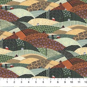 May include: A colorful fabric featuring a repeating pattern of rolling hills with stylized houses, trees, and geometric patterns in shades of green, brown, beige, and red.
