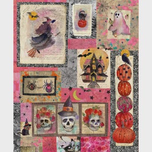 May include: A patchwork quilt featuring Halloween-themed illustrations. The design includes a witch flying on a broom, a haunted house, ghosts, spiders, skulls, and stacked pumpkins. The color palette is dominated by pink, black, and orange.