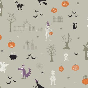 May include: A repeating pattern featuring Halloween-themed illustrations. The design includes orange jack-o'-lanterns, bats, cats, skeletons, ghosts, and tombstones on a light gray background. Other elements include trees, spiders, and a witch.