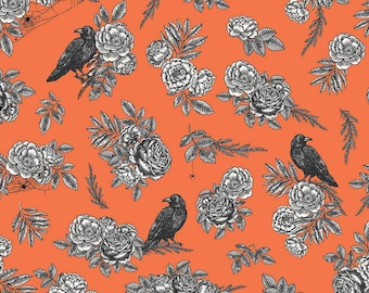 Sophisticated Halloween Main Orange C14620- Riley Blake Designs- Ravens Floral Leaves- Quilting Cotton Fabric