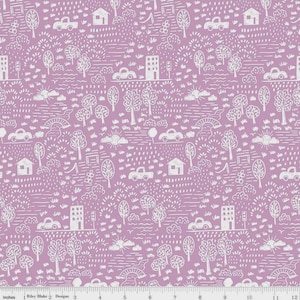 May include: A repeating pattern fabric featuring a whimsical town scene in white on a lavender background. The design includes houses, cars, trees, bridges, and suns. The fabric is marked with inches along the bottom edge.