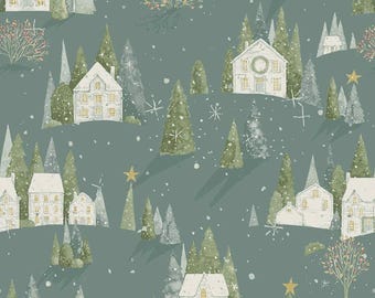 Magical Winterland Main Winter C14940- Riley Blake Designs- Christmas- Holiday- Snow Village- Churches- Quilting Cotton Fabric