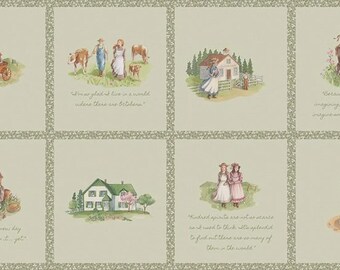 May include: A fabric panel featuring eight watercolor illustrations with quotes. Scenes include people with cows, a horse-drawn carriage, a house, and figures in dresses. The panel has a light green background with a decorative border.