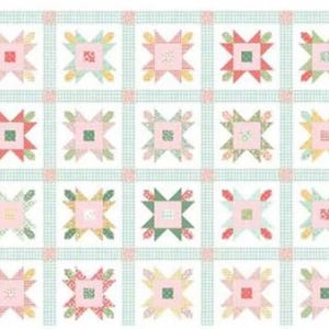 May include: A quilt pattern with a repeating design of pink, green, yellow, and red stars on a white background with a light blue gingham border.