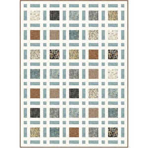 May include: A rectangular quilt with a grid pattern. The quilt features squares of various patterned fabrics in shades of brown, gray, and beige, set against a white background with light blue vertical and horizontal stripes. The quilt is framed with a brown border.