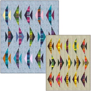 May include: Two colorful quilts with a geometric design. The quilts feature rows of diamond shapes in various colors, including blue, green, pink, and orange. The background of one quilt is light blue, and the other is beige.