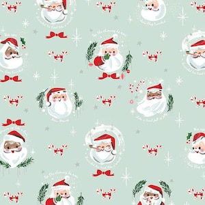 May include: A repeating pattern of Santa Claus faces on a light blue background. The Santas are wearing red hats and have white beards. Some are smoking a pipe, some are holding a candy cane, and some are holding a bag of gifts. The text "See the chimney he's so kind" is repeated throughout the pattern.
