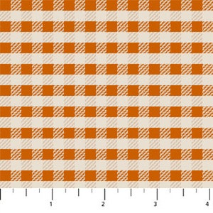 May include: Close-up of a fabric with a repeating orange and cream gingham pattern. The pattern is made up of evenly spaced squares, creating a classic checkered design. The fabric has a textured appearance and is measured in inches.