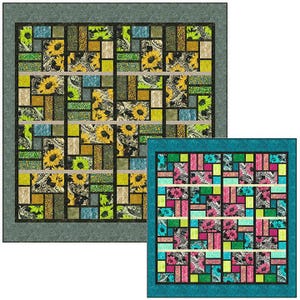 May include: Two colorful quilts with a patchwork design. The larger quilt features sunflowers, green, blue, and gold blocks. The smaller quilt has pink, teal, and black floral patterns. Both quilts have a dark border.