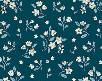 May include: Teal fabric with a repeating floral pattern. Cream-colored flowers and small white blossoms are scattered across the fabric, with light blue leaves and stems. The fabric has a ruler at the bottom with the brand name.