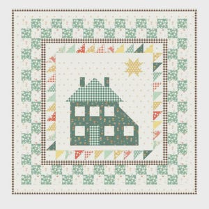 May include: A square quilt, 37 x 37 inches, with a central house design. The house is green with a gingham roof, surrounded by a patchwork border in shades of green, red, and yellow. The quilt is titled "Poppy House."