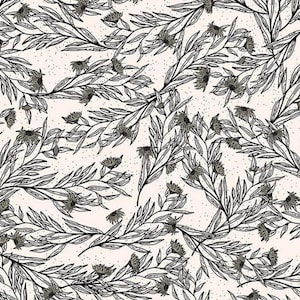 May include: A repeating pattern of black line art botanical elements on a cream background. The design features stylized branches with leaves and small, detailed flower heads, creating a natural, elegant aesthetic.