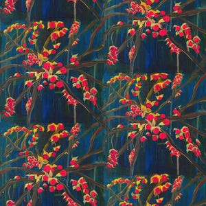 May include: An abstract painting featuring a repeating pattern of branches with red berries and yellow leaves against a dark blue background. The artwork has a textured, painterly quality, with visible brushstrokes and a sense of depth.