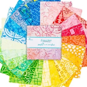 May include: A collection of 18 colorful fabric squares with various patterns, including floral, geometric, and abstract designs. The squares are arranged in a circular pattern and are labeled "Expressions" and "Soft, Lush, and Serene".