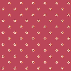 May include: A seamless pattern featuring small white flowers with orange centers on a solid red background.