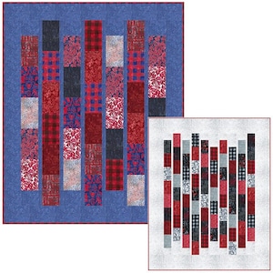 May include: Two quilts with a patchwork design. The larger quilt has a blue border and features vertical columns of red, blue, and white patterned fabric. The smaller quilt has a white background and similar columns.