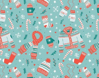 May include: A seamless pattern featuring a variety of winter clothing items, including sweaters, scarves, mittens, and hats. The pattern is set against a light blue background and includes red and green accents.
