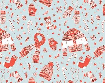 May include: A seamless pattern featuring red and white winter-themed illustrations on a light blue background. The pattern includes mittens, scarves, hats, sweaters, candy canes, and snowflakes.