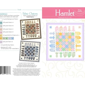 May include: A quilting pattern for a "Hamlet" quilt featuring a checkerboard design with houses and trees. The pattern is printed on a white background with a pink and purple border. The pattern is by Wendy Sheppard.