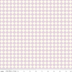 May include: Cream-colored fabric with a repeating pattern of lavender-colored diamonds. Each diamond is outlined with a thin lavender line and filled with a smaller, detailed design. The fabric is marked with the text "Inches" and "Riley Blake Designs".