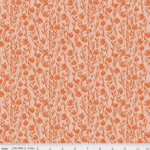 May include: A fabric with a repeating floral pattern. The design features orange flowers and foliage on a light peach background. The flowers are stylized and arranged in a dense, all-over print. The fabric is measured in inches.