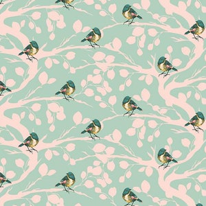 May include: A seamless pattern featuring teal blue birds perched on white branches against a light pink and teal background. The branches are adorned with white leaves.