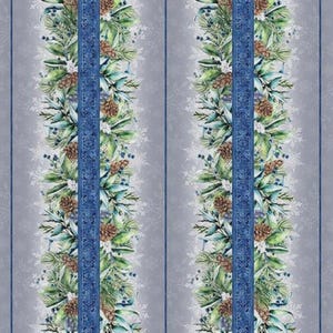 May include: A repeating pattern featuring vertical stripes of blue and gray. The central stripe is a detailed blue border with a floral design. Flanking the central stripe are vertical bands of green leaves, pinecones, and white snowflakes, creating a wintery theme.