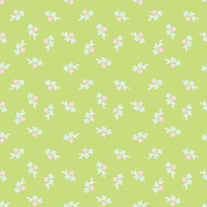 May include: A lime green fabric with a repeating pattern of small floral clusters. Each cluster features pink and light blue flowers with white stems and leaves. The design is evenly spaced across the fabric, creating a delicate and cheerful aesthetic.