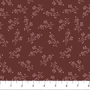 May include: A seamless fabric pattern with a repeating design of small white sprigs on a deep burgundy background.