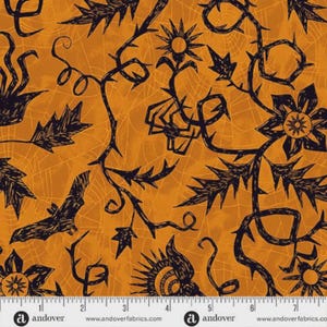 May include: Fabric featuring a repeating pattern of black ink-style illustrations of thorny vines, spiky flowers, and bats over a textured orange background with faint spiderwebs. A ruler at the bottom shows a scale of 7 inches.