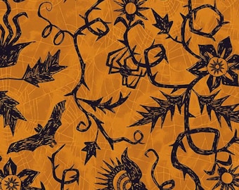 Nevermore 1076 Orange- Andover Fabrics- Halloween- Bats- Spiders- Spiderwebs- Quilting Cotton Fabric