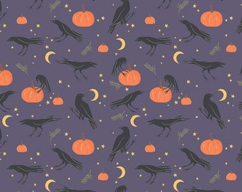 May include: A seamless pattern featuring black crows, orange pumpkins, yellow stars, and crescent moons on a purple background. This design is perfect for Halloween or autumn themed projects.