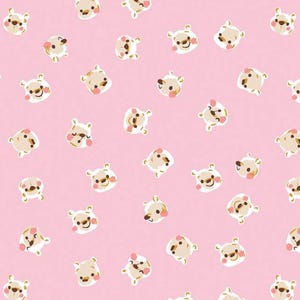 May include: A pink background with a repeating pattern of cute cartoon animal faces. The animals have brown fur and are smiling.