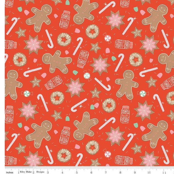 Holiday Cheer Main Red C13610-Riley Blake Designs-  Gingerbread Men- Sprinkles- Candy Canes- Quilting Cotton Fabric